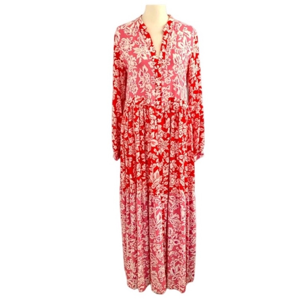 Loreen Fashion Dress Floral Maxi Red Pink Size 38 Button Down Long Sleeve Abaya